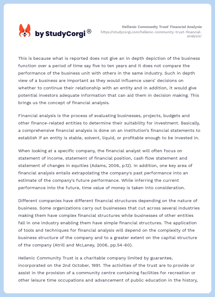 Hellenic Community Trust' Financial Analysis. Page 2