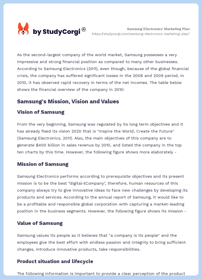 Samsung Electronics' Marketing Plan. Page 2