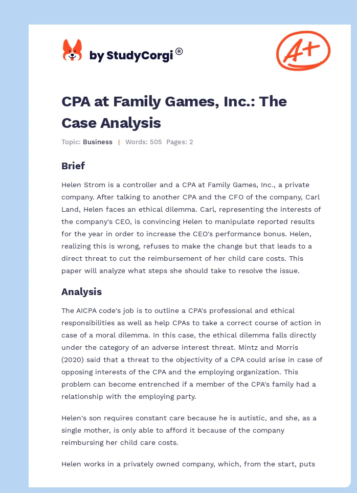 CPA at Family Games, Inc.: The Case Analysis. Page 1