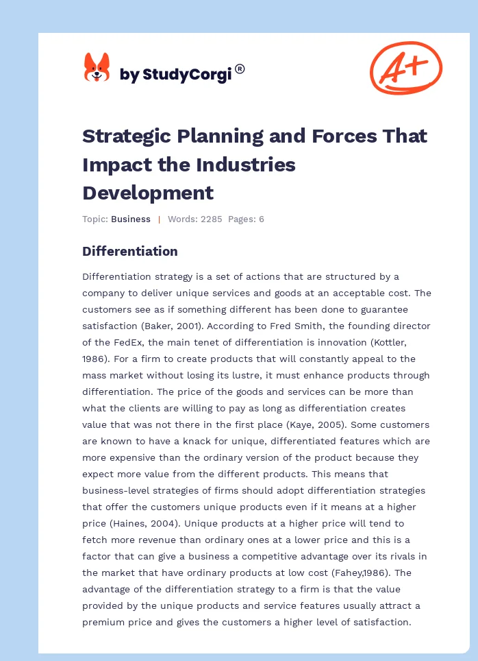 Strategic Planning and Forces That Impact the Industries Development. Page 1