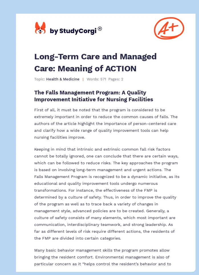 Long-Term Care and Managed Care: Meaning of ACTION. Page 1