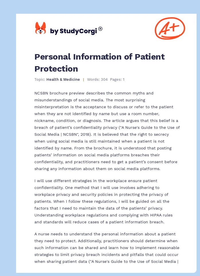 Personal Information of Patient Protection. Page 1