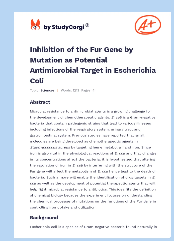 Inhibition of the Fur Gene by Mutation as Potential Antimicrobial Target in Escherichia Coli. Page 1