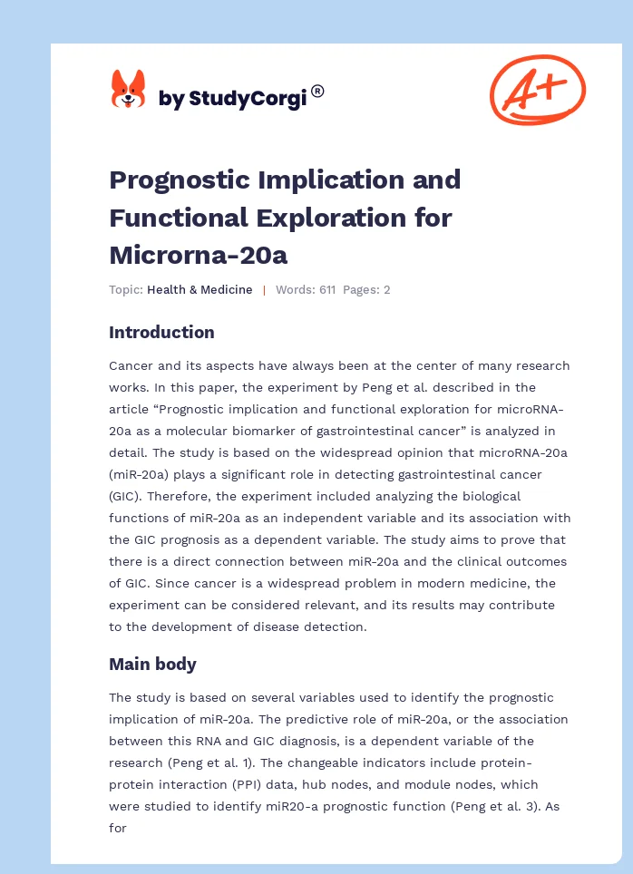 Prognostic Implication and Functional Exploration for Microrna-20a. Page 1