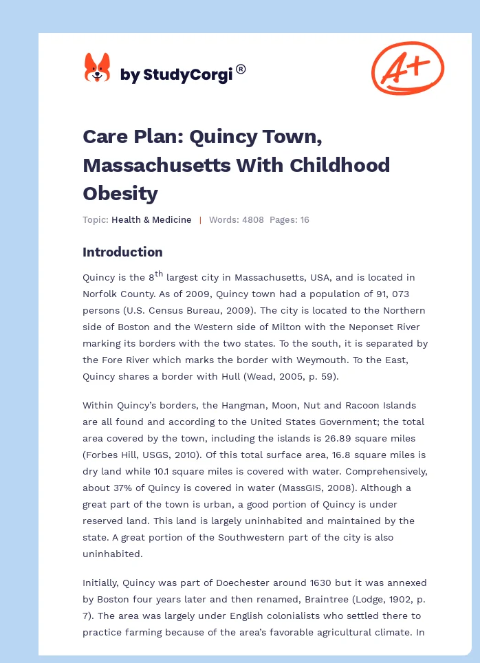 Care Plan: Quincy Town, Massachusetts With Childhood Obesity. Page 1