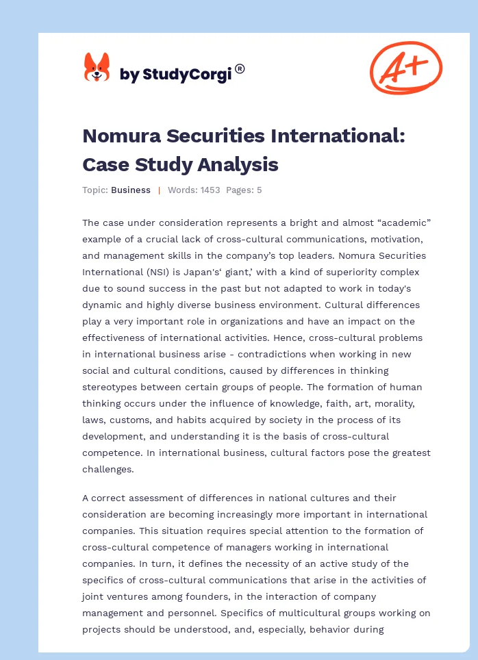 Nomura Securities International: Case Study Analysis. Page 1