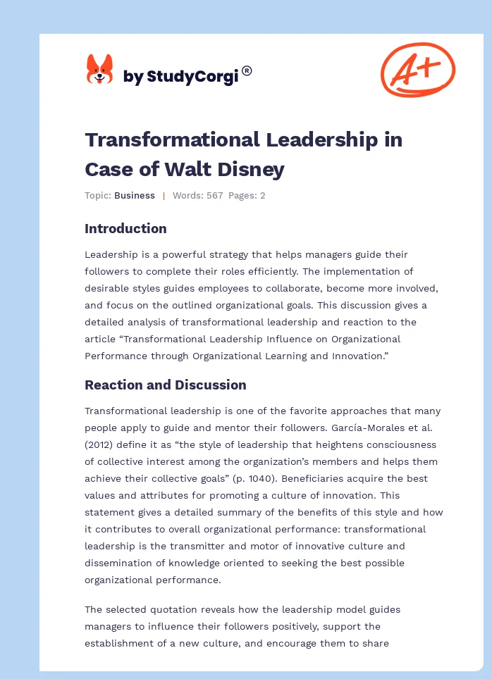 Transformational Leadership in Case of Walt Disney. Page 1