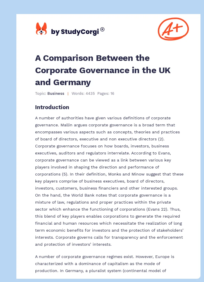 A Comparison Between the Corporate Governance in the UK and Germany. Page 1