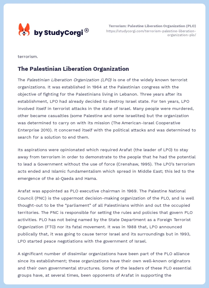 Terrorism: Palestine Liberation Organization (PLO). Page 2