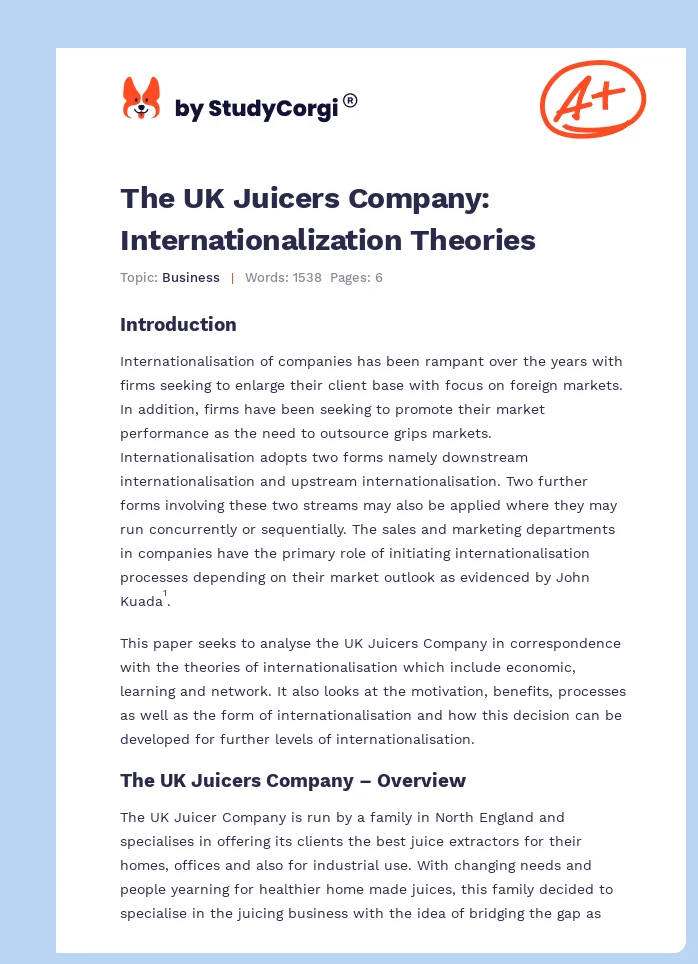 The UK Juicers Company: Internationalization Theories. Page 1