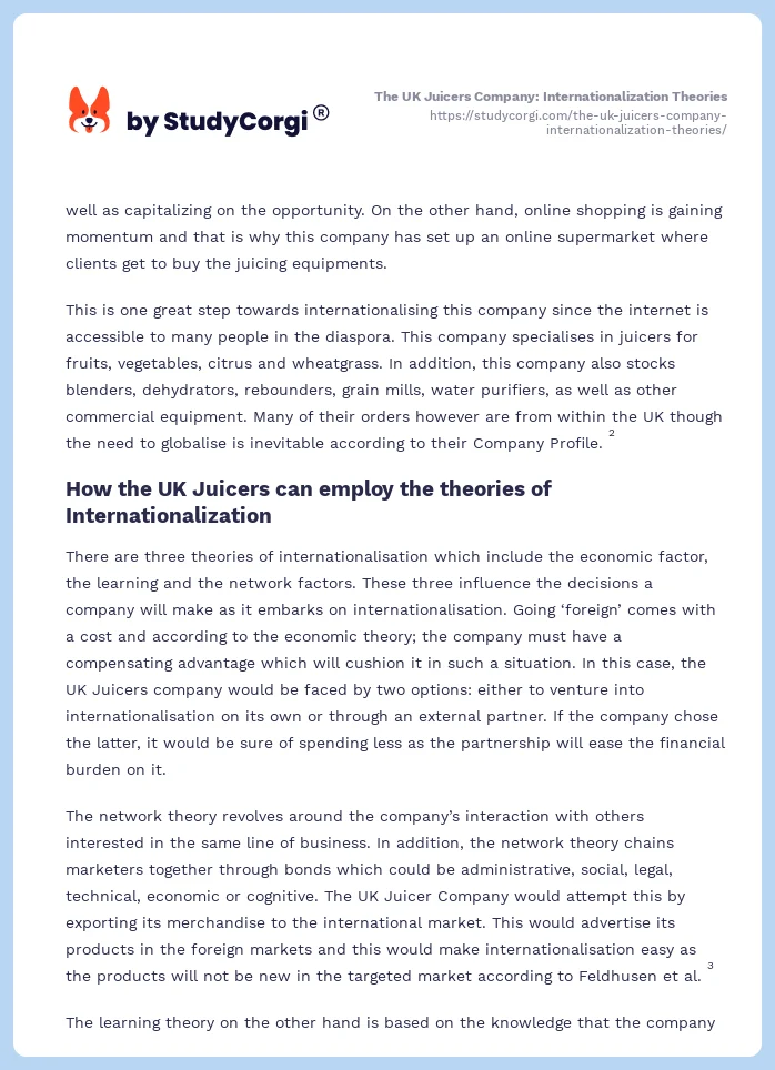 The UK Juicers Company: Internationalization Theories. Page 2