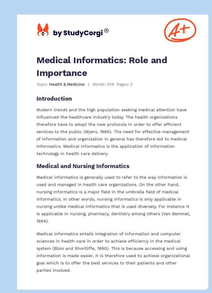 Medical Informatics: Role and Importance. Page 1