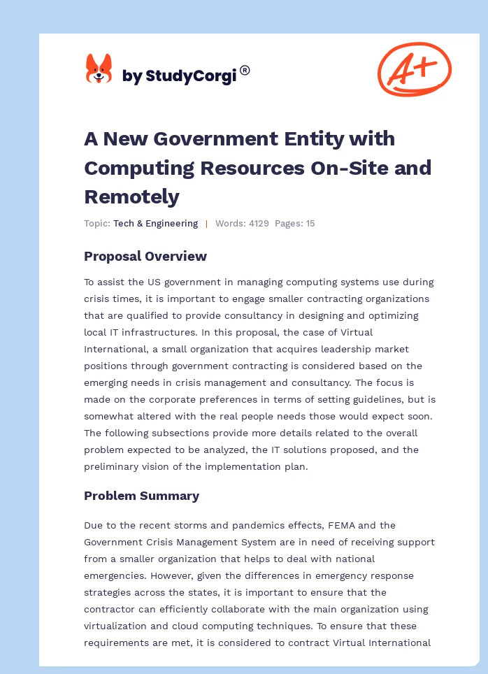A New Government Entity with Computing Resources On-Site and Remotely. Page 1