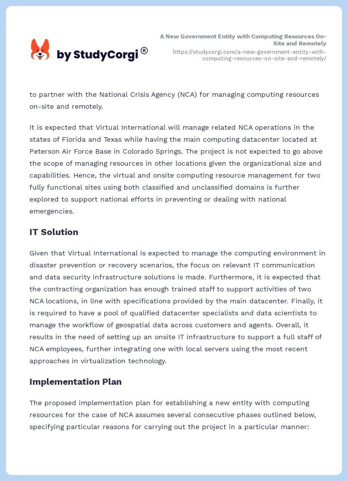 A New Government Entity with Computing Resources On-Site and Remotely. Page 2