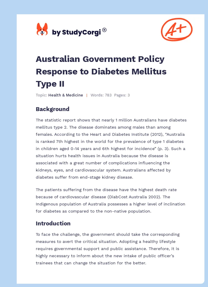 Australian Government Policy Response to Diabetes Mellitus Type II. Page 1