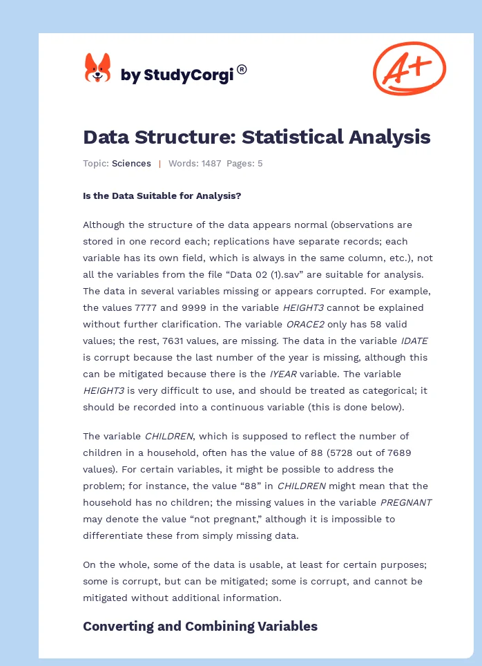 Data Structure: Statistical Analysis. Page 1