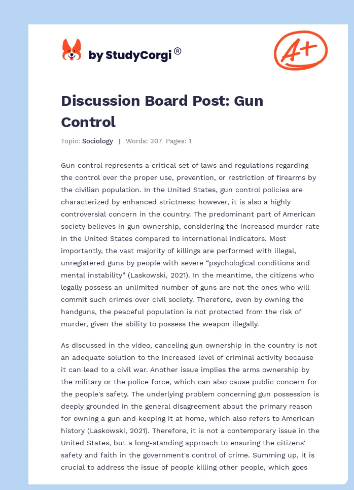 Discussion Board Post: Gun Control. Page 1