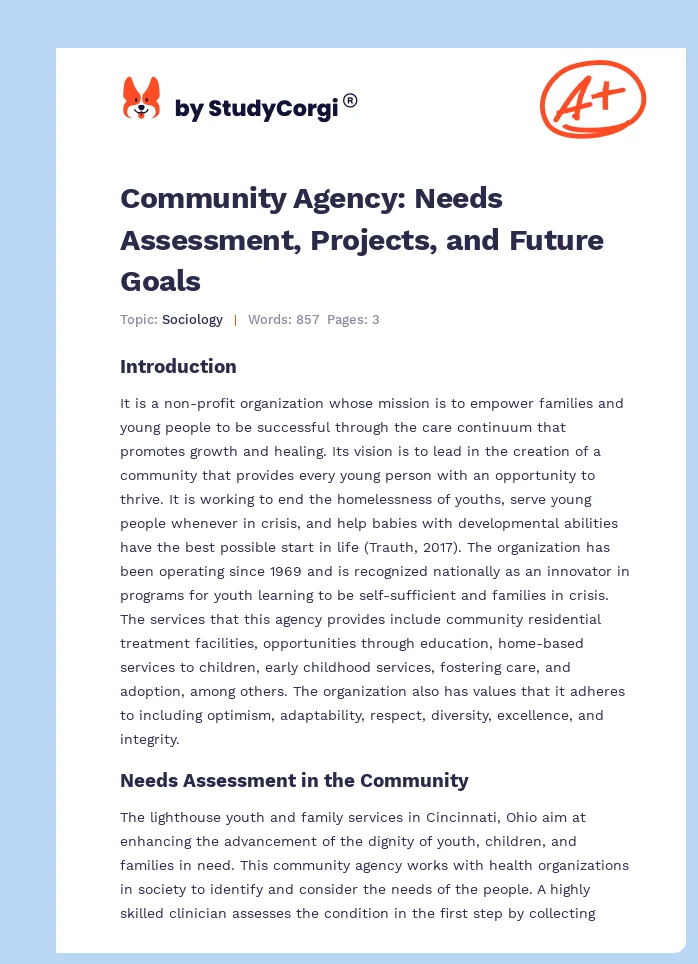Community Agency: Needs Assessment, Projects, and Future Goals. Page 1