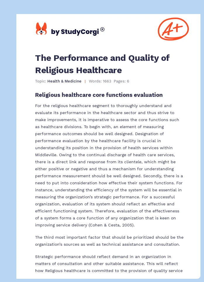 The Performance and Quality of Religious Healthcare. Page 1