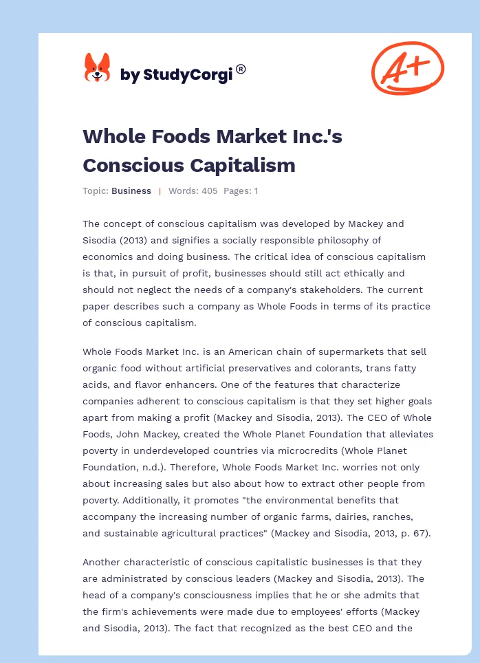 Whole Foods Market Inc.'s Conscious Capitalism. Page 1