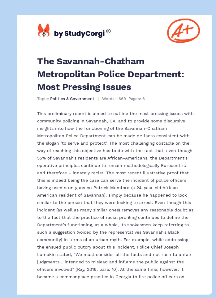 The Savannah-Chatham Metropolitan Police Department: Most Pressing Issues. Page 1