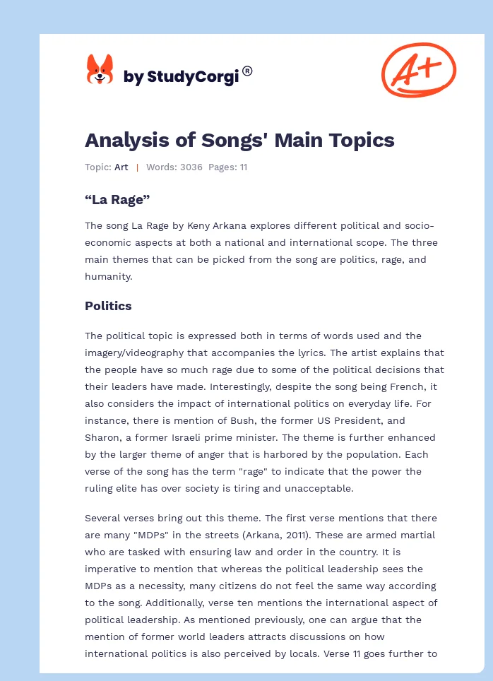 Analysis of Songs' Main Topics. Page 1