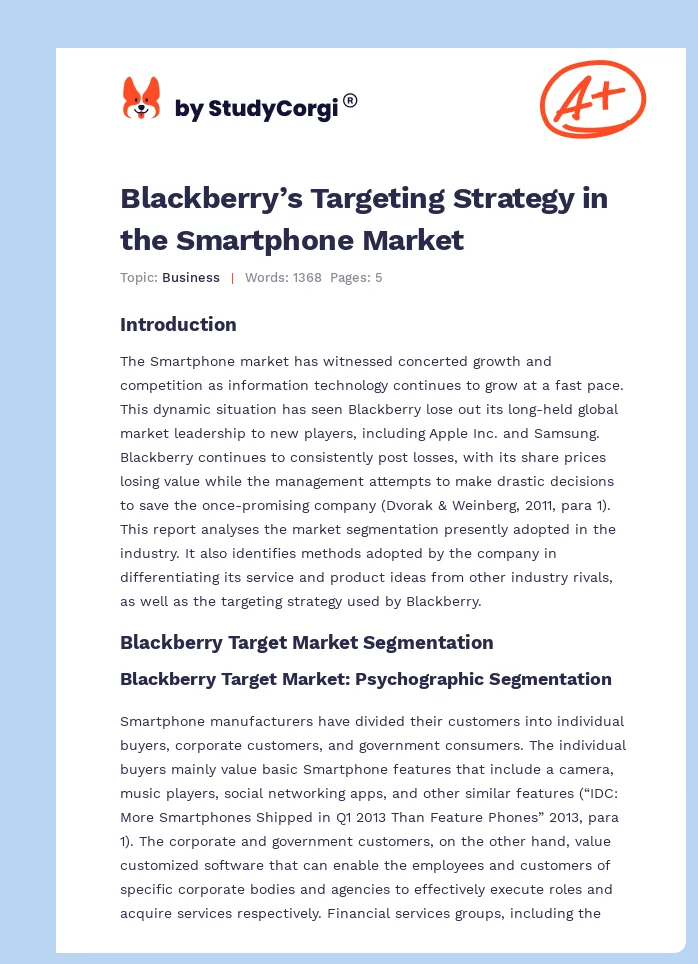 Blackberry’s Targeting Strategy in the Smartphone Market. Page 1