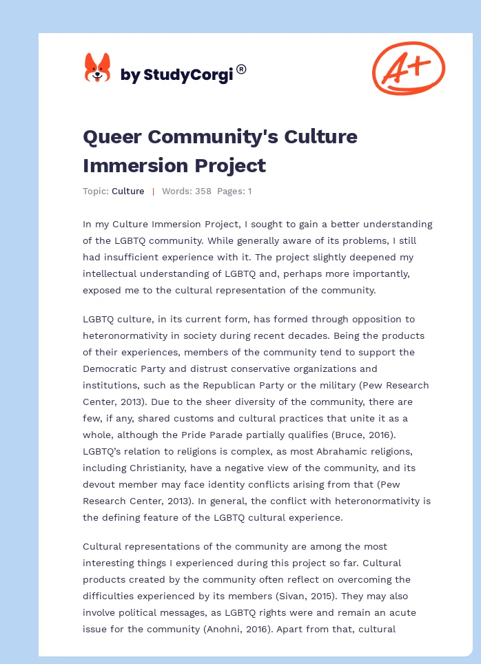 Queer Community's Culture Immersion Project. Page 1