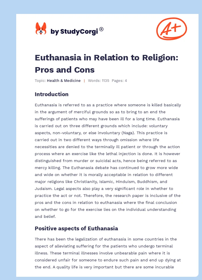 Euthanasia in Relation to Religion: Pros and Cons. Page 1