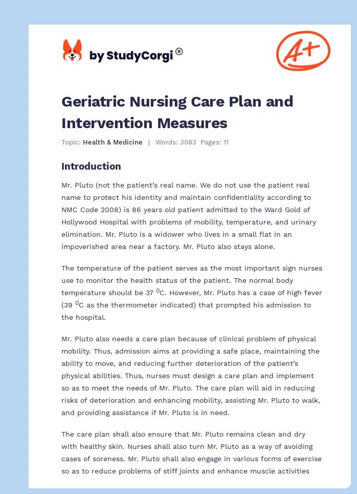 Geriatric Nursing Care Plan and Intervention Measures. Page 1