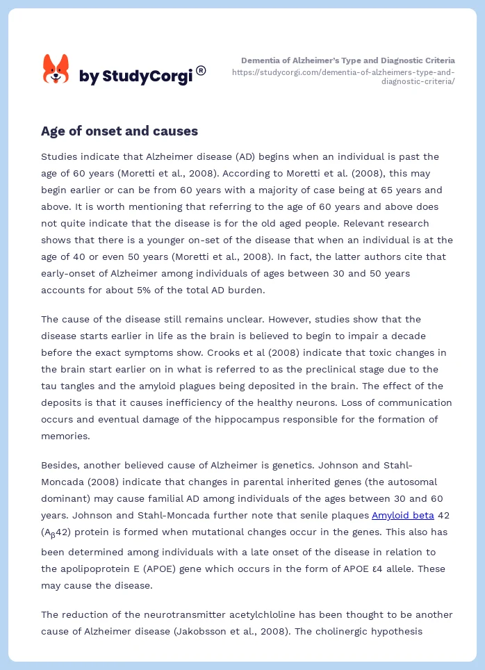 Dementia of Alzheimer’s Type and Diagnostic Criteria. Page 2