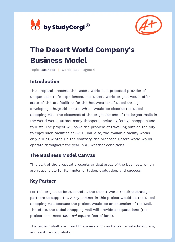 The Desert World Company's Business Model. Page 1