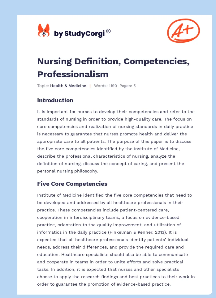 Nursing Definition, Competencies, Professionalism. Page 1