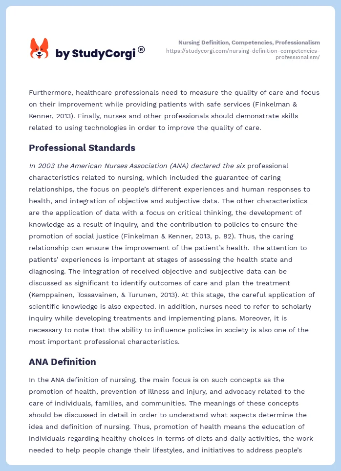 Nursing Definition, Competencies, Professionalism. Page 2