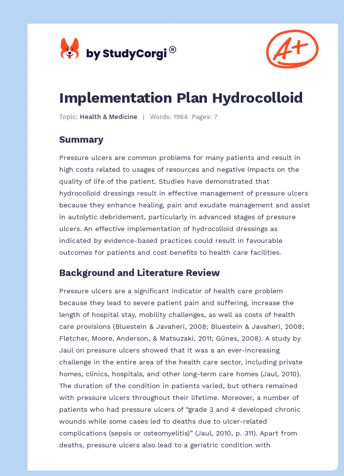 Implementation Plan Hydrocolloid. Page 1