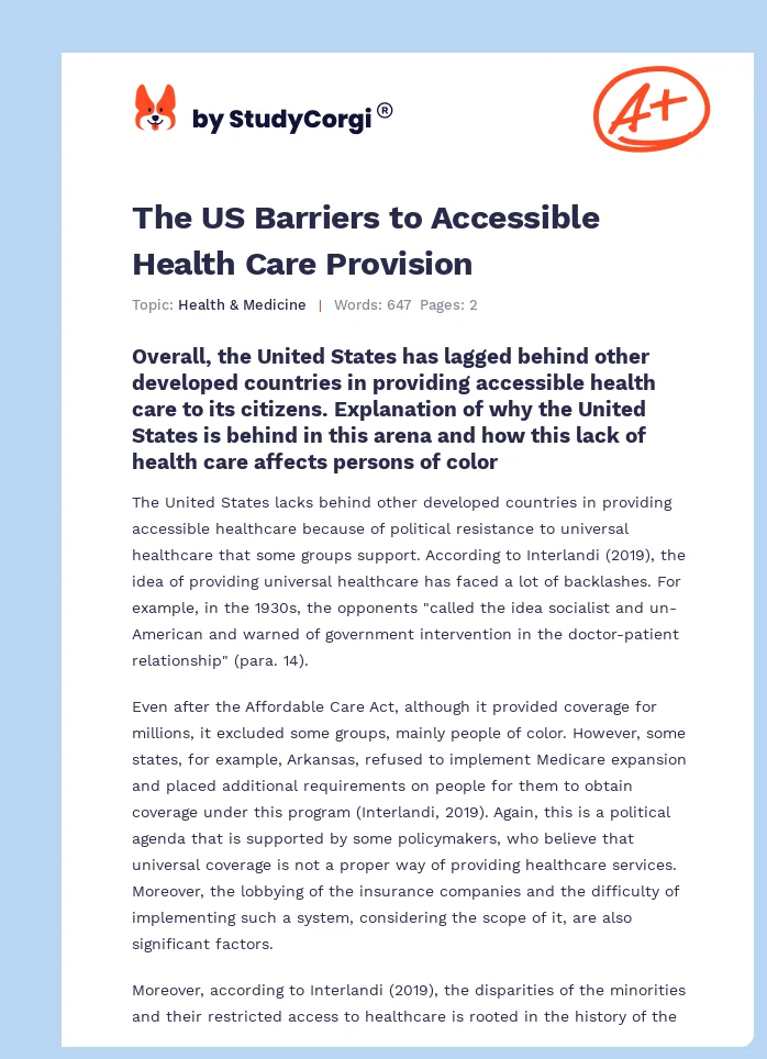 The US Barriers to Accessible Health Care Provision. Page 1