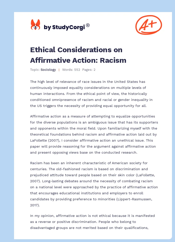 Ethical Considerations on Affirmative Action: Racism. Page 1