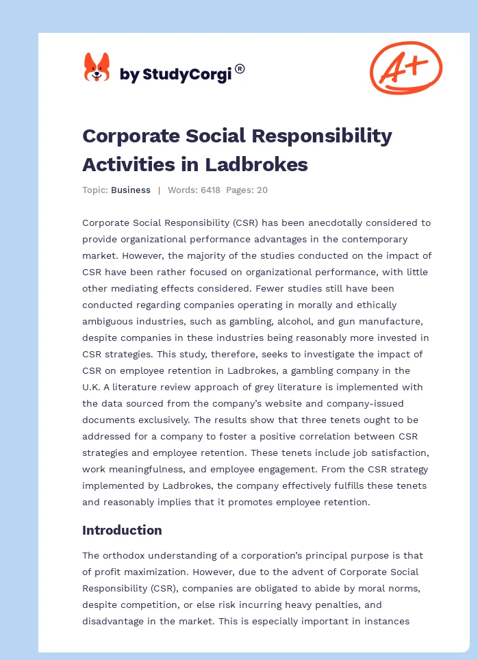 Corporate Social Responsibility Activities in Ladbrokes. Page 1