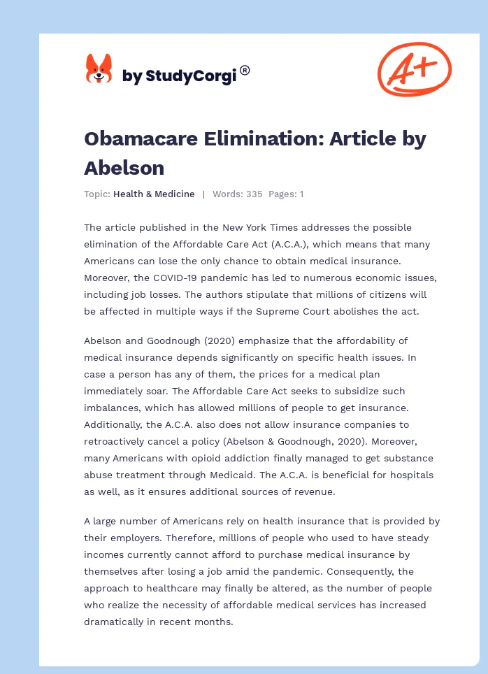 Obamacare Elimination: Article by Abelson. Page 1