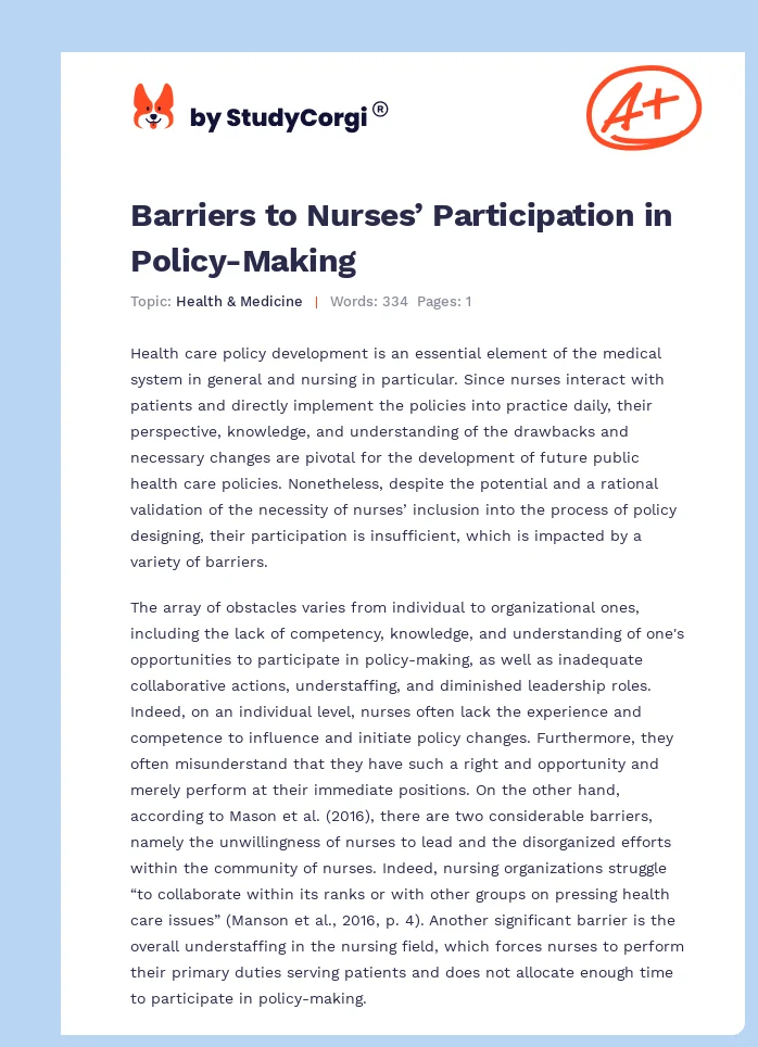 Barriers to Nurses’ Participation in Policy-Making. Page 1