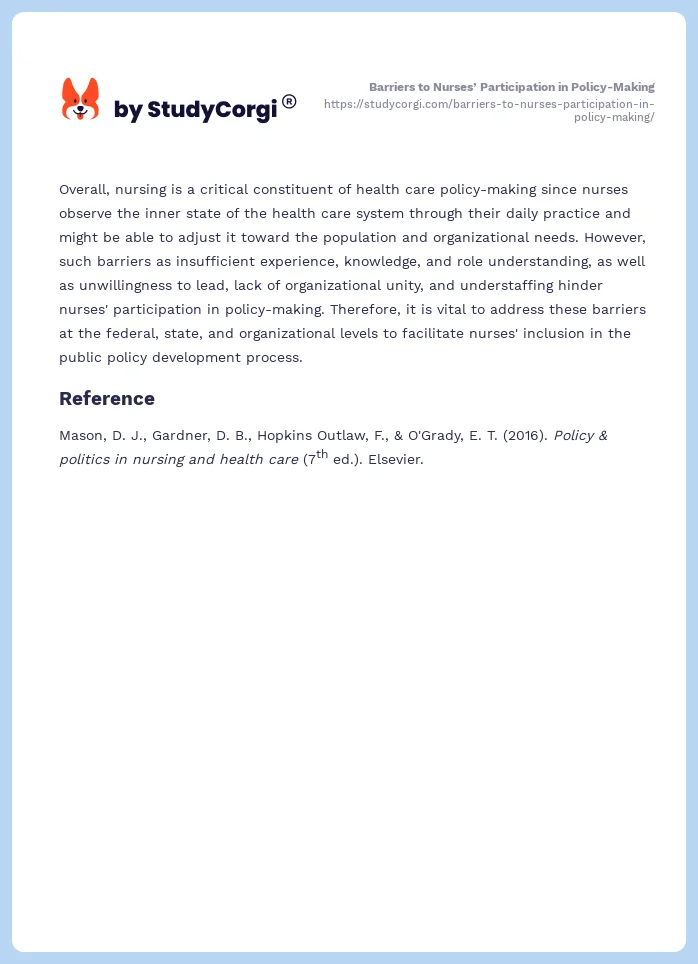 Barriers to Nurses’ Participation in Policy-Making. Page 2
