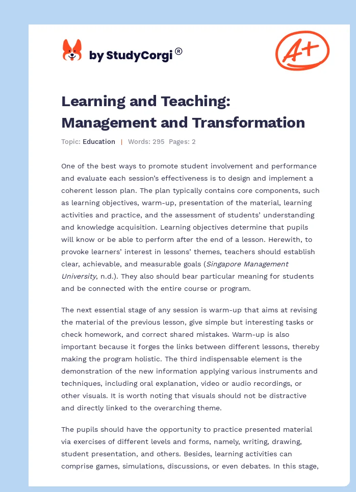 Learning and Teaching: Management and Transformation. Page 1