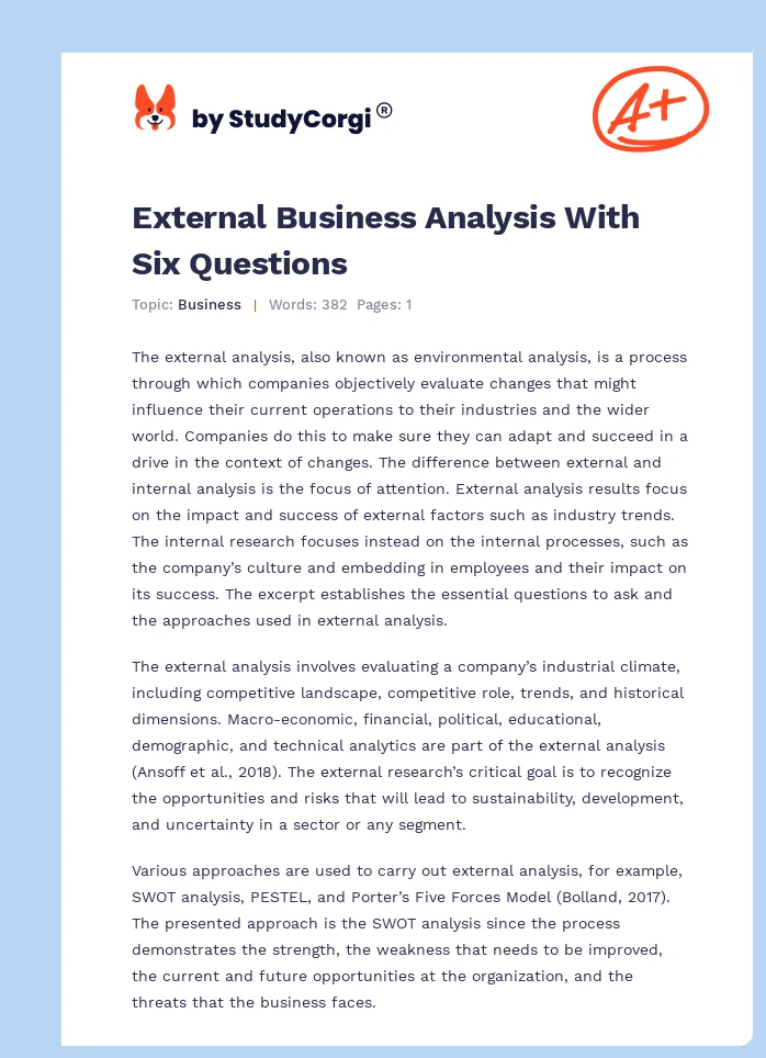 External Business Analysis With Six Questions. Page 1