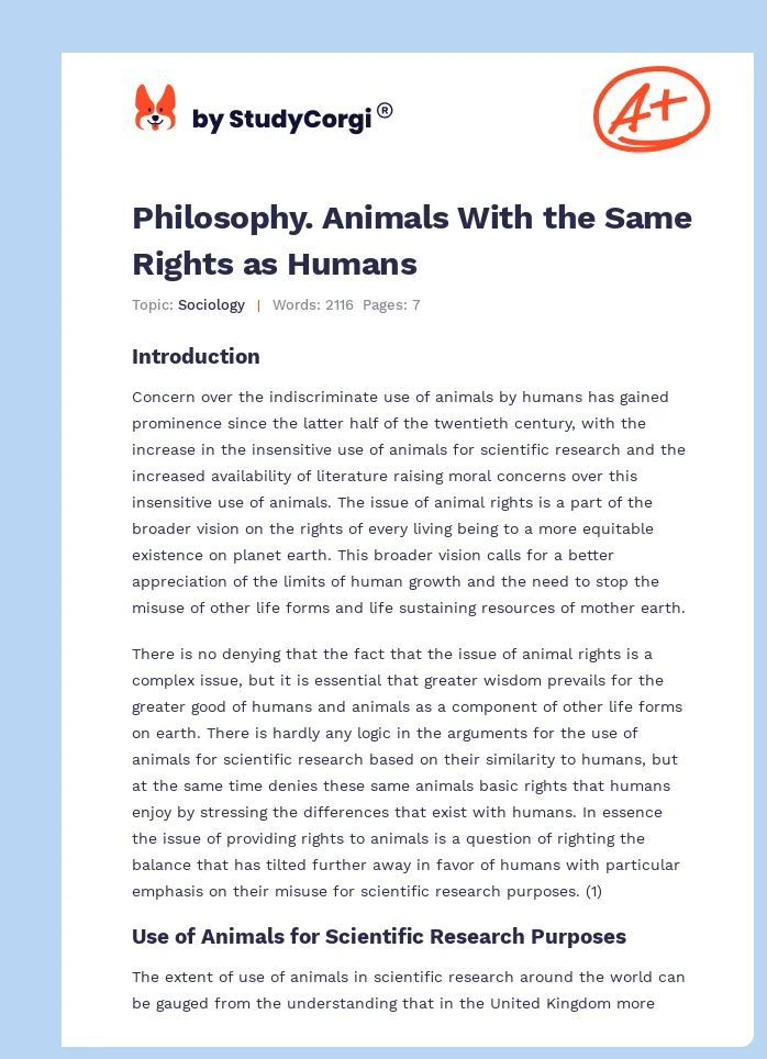 Philosophy. Animals With the Same Rights as Humans. Page 1