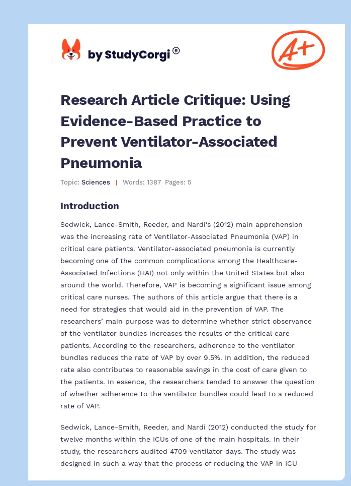Research Article Critique: Using Evidence-Based Practice to Prevent Ventilator-Associated Pneumonia. Page 1