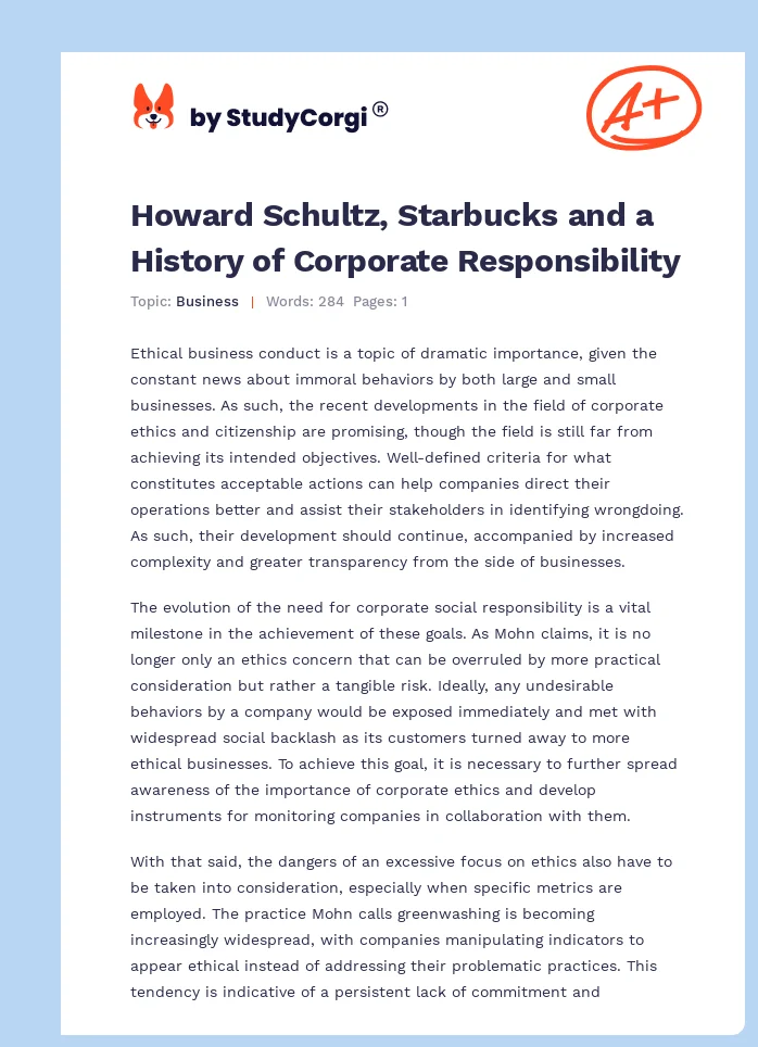 Howard Schultz, Starbucks and a History of Corporate Responsibility. Page 1