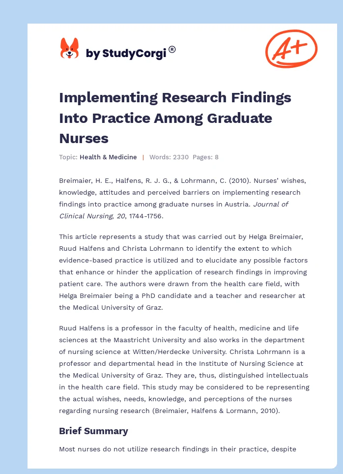 Implementing Research Findings Into Practice Among Graduate Nurses. Page 1