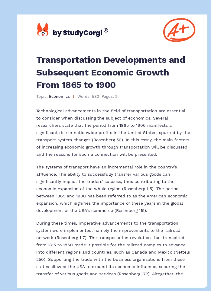 Transportation Developments and Subsequent Economic Growth From 1865 to 1900. Page 1