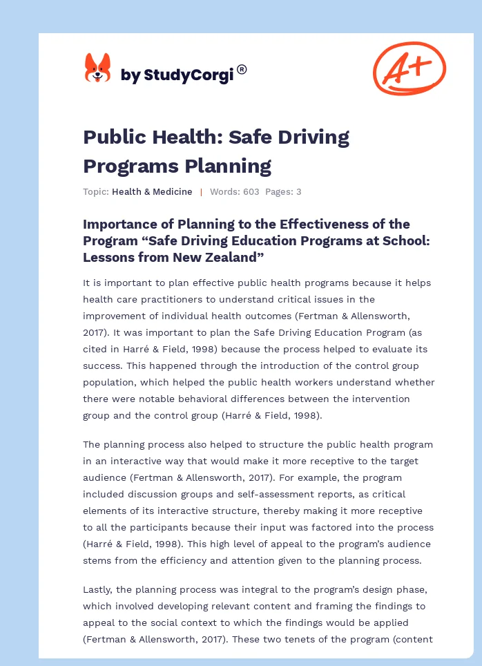Public Health: Safe Driving Programs Planning. Page 1