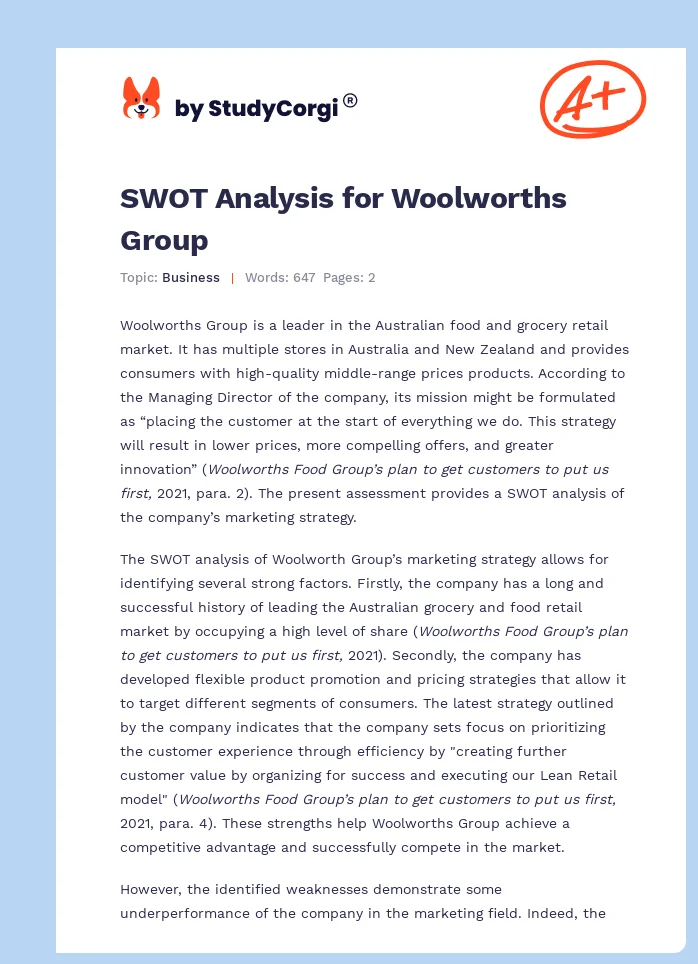 SWOT Analysis for Woolworths Group. Page 1